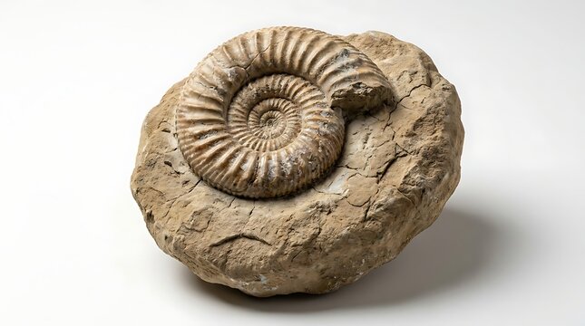 A fossilized ammonite shell embedded in a rough sedimentary rock.