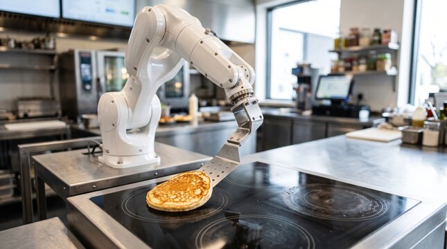 A robotic arm flips a pancake in a modern kitchen setting, showcasing automation in cooking technology.