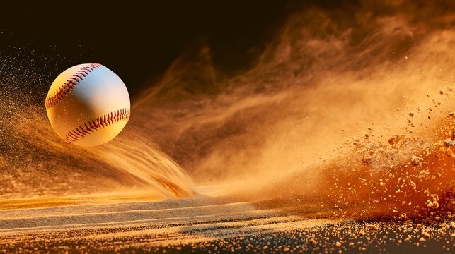 Dynamic baseball flying through explosion of dirt and dust on field with dramatic orange light
