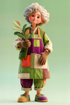 3D Cartoon Character Illustration of a Smiling Elderly Gardener Holding a Plant