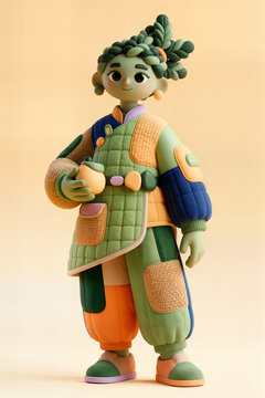 3D Cartoon Character Illustration of a Whimsical Nature-Inspired Being in Patchwork Clothing