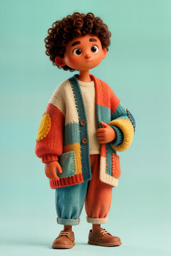 3D Cartoon Character Illustration of a Cute Kid in a Chunky Patchwork Knit Cardigan