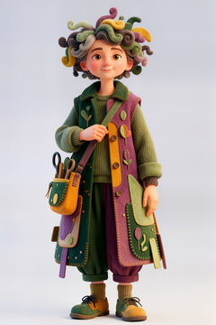 3D Cartoon Character Illustration of a Whimsical Artisan with Patchwork Clothing and Crafting Tools
