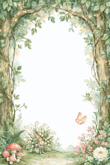 Obraz premium Enchanted woodland border forest arch fairy tale frame, magical garden path with fairy light, whimsical nature background and playful fantasy mood