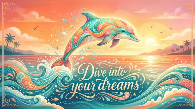 Vibrant colorful dolphin leaping from ocean waves at sunset, inspirational text 'Dive into your dreams', tropical paradise background