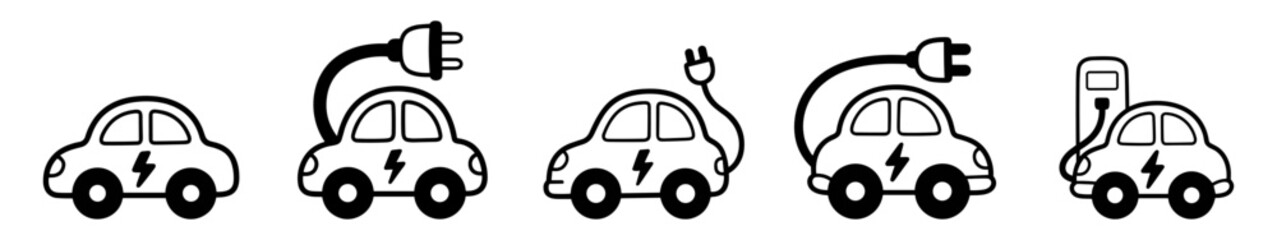 Fototapeta premium icon set of electric cars with plugs and charging station on transparent background