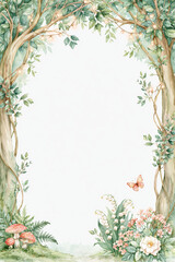 Obraz premium Enchanted woodland border with twisting tree trunk, green leaf, wildflower, mushroom, butterfly, soft watercolor fantasy illustration background for greeting card design