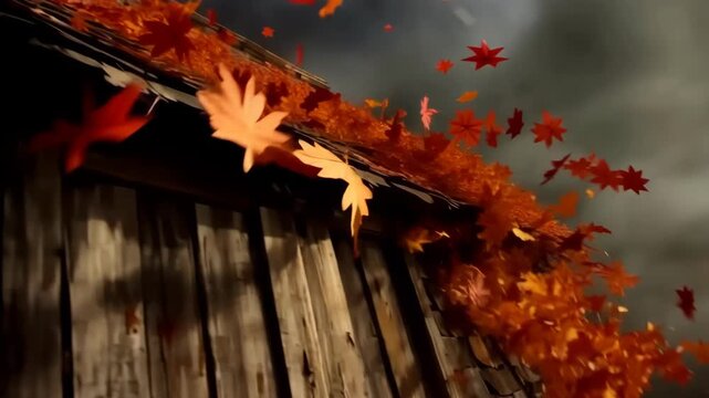 Autumn Leaves Sweep Across Weathered Roof in Wind.