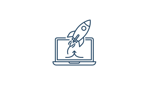 Digital startup concept with rocket ship launching out of laptop computer screen in blue line art.