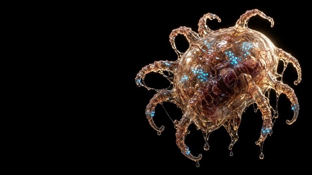 <a1>Microscopic virus organism parasite with tentacles and bioluminescent nodes in dark background for halloween season event</a1>

