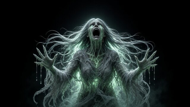 Haunting illustration of screaming banshee with green ethereal glow for Halloween dark fantasy promotion