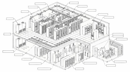 Fototapeta premium Data center infrastructure technical illustration with server racks