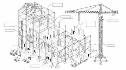 Fototapeta premium Modular building construction site with frame and tower crane