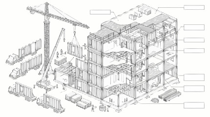 Fototapeta premium Modular building construction process with industrial machinery