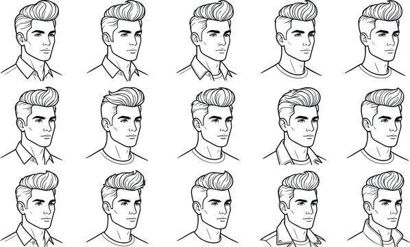 Men Pompadour Hairstyle Vector Line Art Icon Set featuring Trendy Quiff Undercuts and Handsome Male Face Avatars with Different Clothing Styles