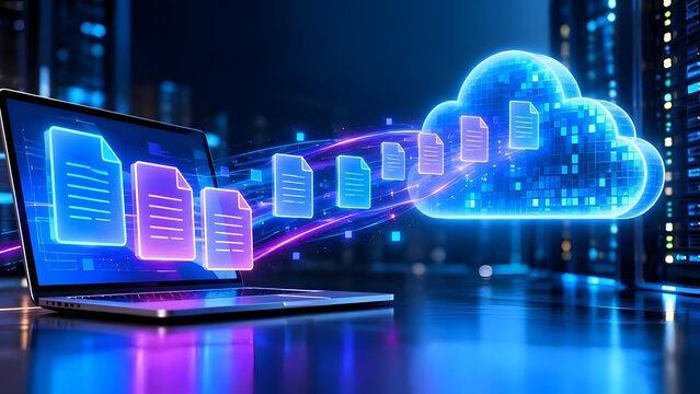 Glowing digital document icons transferring from a modern laptop into a neon cloud network representing futuristic cloud computing and data storage.