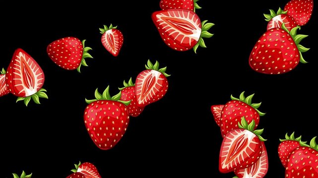 Falling Fresh Strawberries and Slices Animation on Black Background