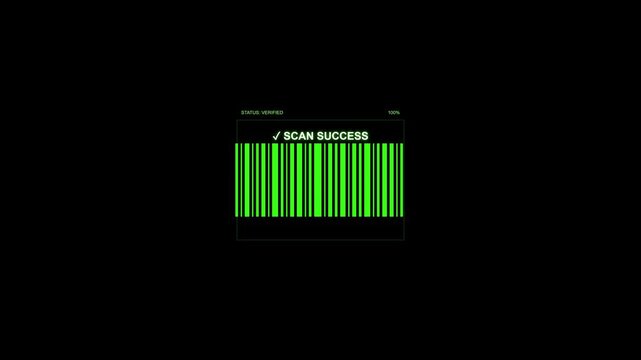 Dynamic motion graphic showing a successful barcode scan with a bright green scanner beam, signifying digital verification, completion, and positive data processing