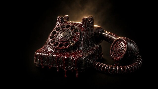 Vintage blood covered telephone Halloween season event horror decoration with dripping gore and dark background