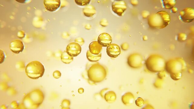 Abstract golden collagen molecules and droplets representing skincare, skin hydration, elasticity, anti-aging, beauty science, rejuvenation and cosmetic innovation.