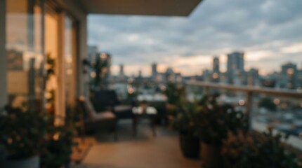 Fototapeta premium Blurry Cityscape Balcony View at Dusk with Cloudy Sunset Sky and Warm Interior Lights
