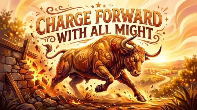 Powerful charging bull illustration with inspirational text "Charge Forward With All Might" amidst a vibrant sunset landscape.