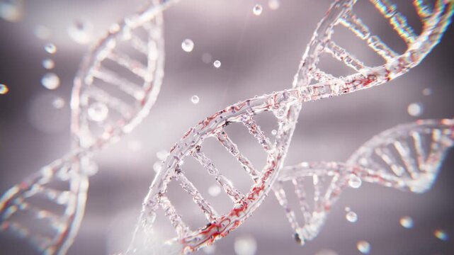 DNA double helix with flowing blood and microscopic particles, representing genetics, bloodstream, molecular biology, biotechnology, medical research and healthcare innovation.