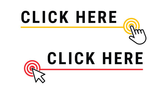 Click here button design with finger cursor icon and two different colored lines for web and app interface