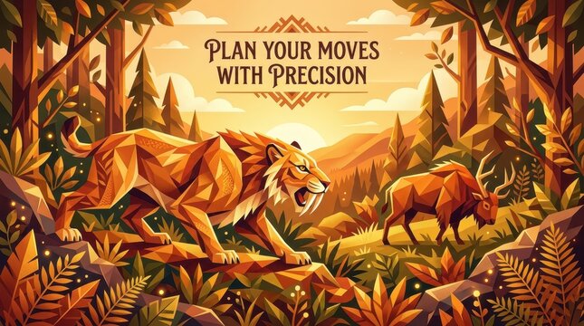 Saber-toothed cat stalking prey, a deer, in a polygonal forest landscape at sunset with motivational text
