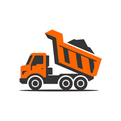 Naklejka premium yellow truck isolated, a dump truck viewed from the side, its raised orange bed filled with dark gravel