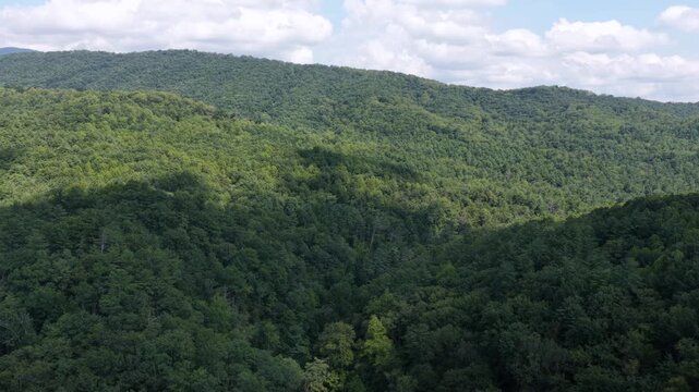 Dense green forest blankets rolling ridgeline hills near Old Graves Mill Road in the United States, scattered clouds drift above unbroken tree canopy toward distant peaks. Aerial drone wide shot