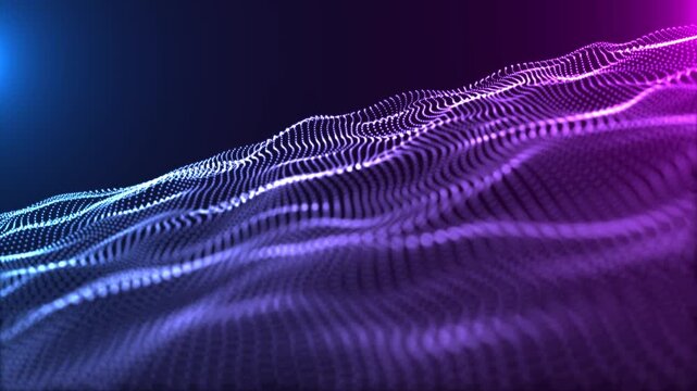 Glowing purple and blue particle waves form a futuristic digital landscape, creating an abstract technology background with depth and motion.