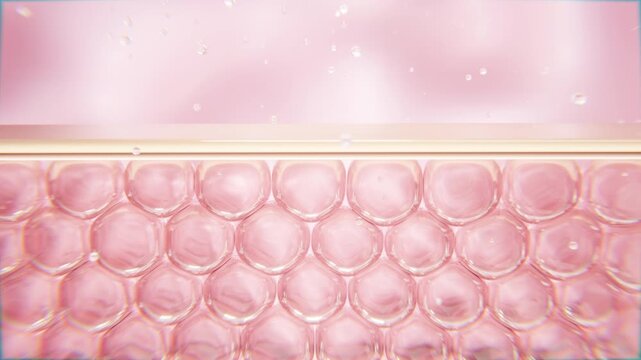 Serum droplets penetrating skin cells and triggering cellular response, illustrating skincare absorption, hydration, collagen, rejuvenation, anti-aging and cosmetic science.