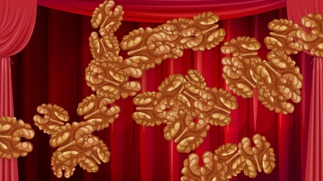 Animated Walnuts Falling Against a Red Theater Curtain Background