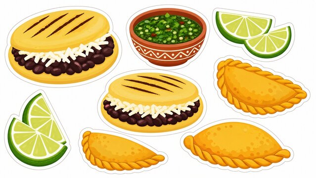 Latin American food sticker set, arepas with black beans and cheese, empanadas, lime wedges and salsa bowl, cartoon vector illustration on white background