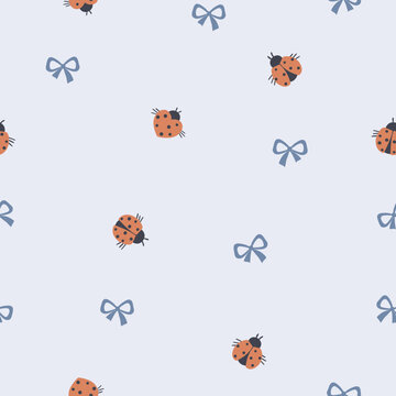 Cute ladybug and blue bow seamless pattern. Sweet coquette background with little insects and ribbons