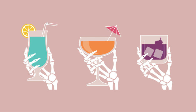 Fun Halloween themed vector illustration of three skeleton hands holding colorful cocktail glasses on a dusty pink background.