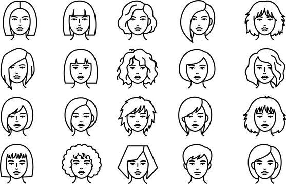 Women Short Hairstyle Vector Line Art Icon Set with Different Bob Cuts Pixie and Female Face Avatars for Beauty Salon Designs
