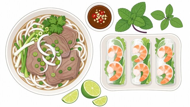 Vietnamese beef pho and shrimp spring rolls illustration, traditional asian cuisine set with dipping sauce and lime, flat vector food art isolated on white background