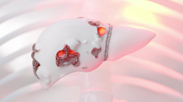 Liver white color that is being attacked or destroyed. Fatty liver disease or liver cancer concepts abnormal tissue or lumps of fat. for medical education. Minimal idea concept, 3D render.