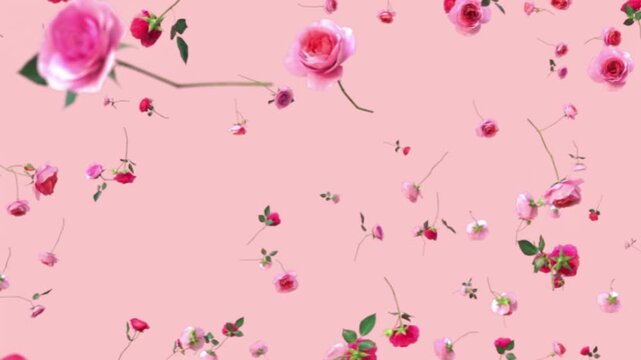 Floating Pink and Red Roses on Pastel Pink Background