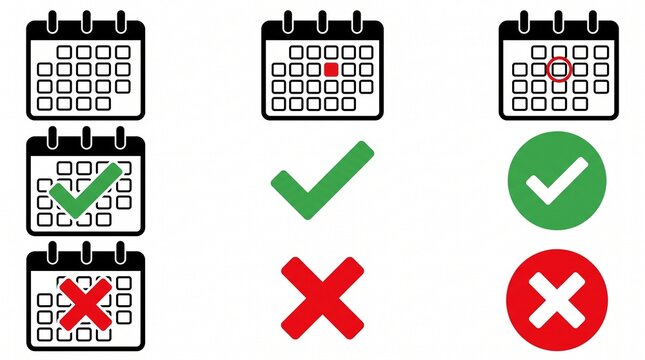 Set of calendar icons with check mark and cross mark symbols for scheduling with various status indicators web