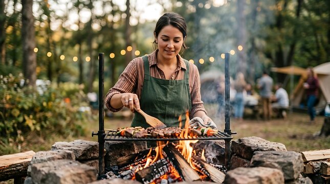 Woman grilling meat skewers on open fire pit at forest campsite