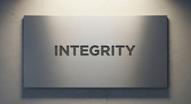 A sleek metallic sign displaying the word integrity mounted securely on a textured stone wall inside an executive office space, highlighting core corporate values and leadership principles