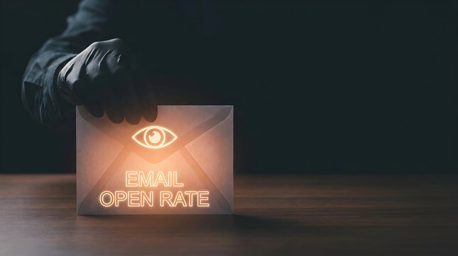 A hand placing an envelope with an email open rate icon on a wooden table