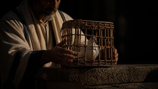 Man in ancient robes holding wooden cage with white dove on stone table in dark temple. Biblical scene of Jesus cleansing Jerusalem temple of merchants before Passover. Sacrifice and faith concept