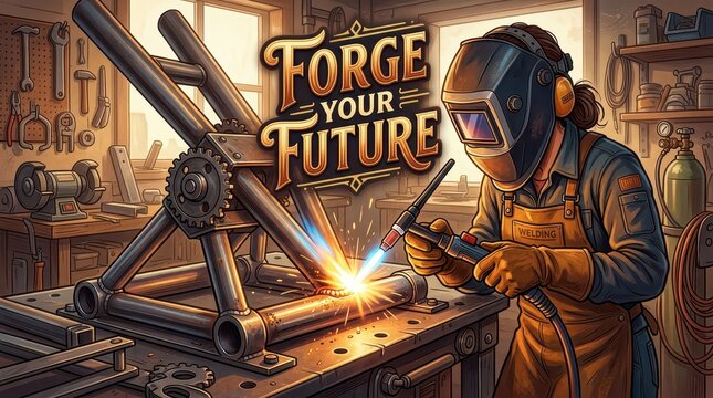 Skilled Welder in Protective Gear Forging Metal Structure in Workshop, Sparks Flying, Industrial Craftsmanship