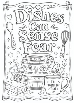 Sarcastic kitchen towel style coloring page with dishes, sponge, coffee, utensils, and the quote Dishes Can Sense Fear, designed as clean black and white line art