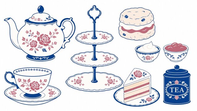Elegant afternoon tea party illustration, a charming collection of vintage teaware and sweet treats. Classic blue and white porcelain teapot, teacup