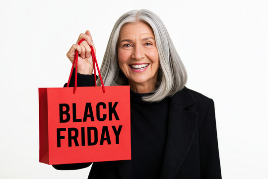 An elegant senior woman with a beaming smile holds a bright red shopping bag emblazoned with BLACK FRIDAY in bold letters, symbolizing consumer enthusiasm and the thrill of holiday sales.